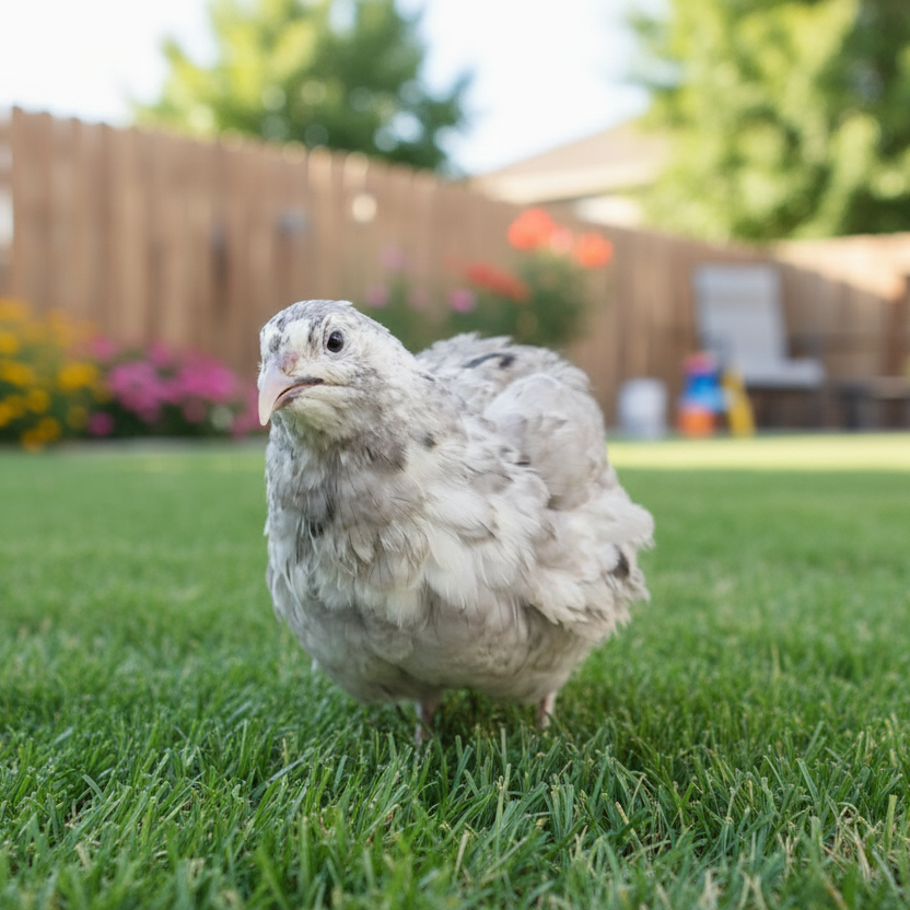 Andalusian Coturnix Quail standing on grass with a blurred background