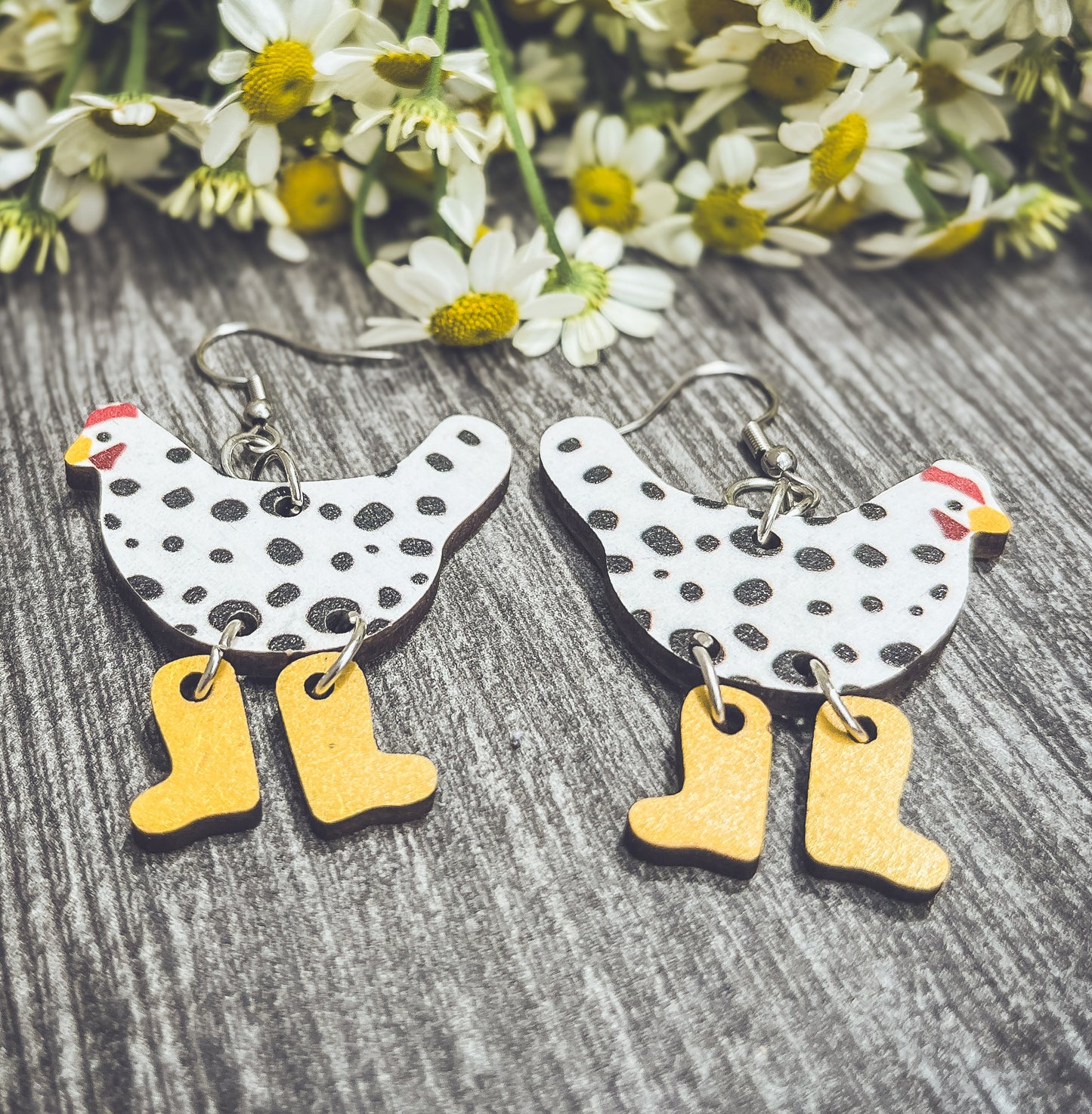 Wood Chicken Earrings