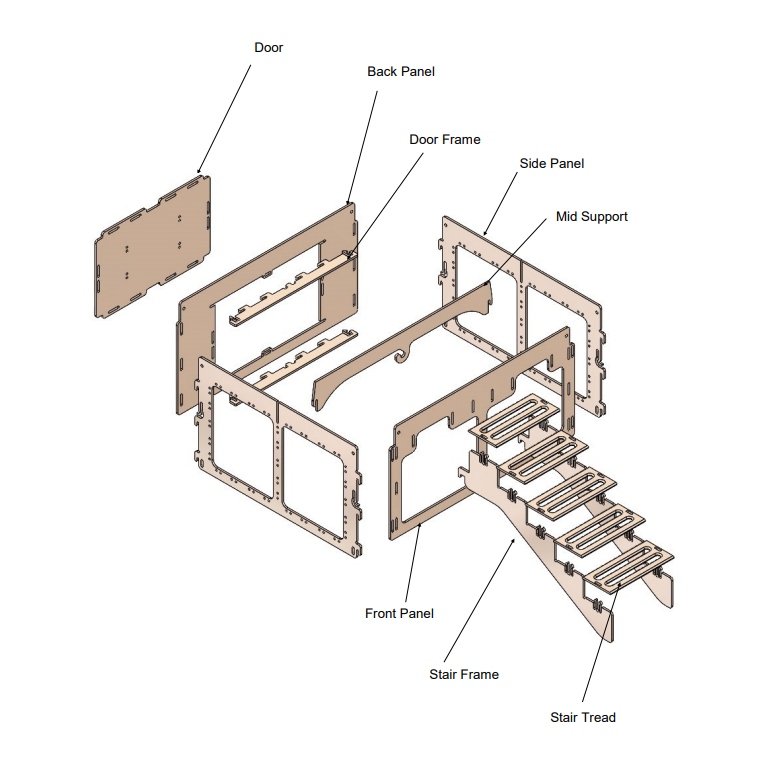 Drawing of the exploded view of the Stand and stairs for Snaplock Coops by Formex
