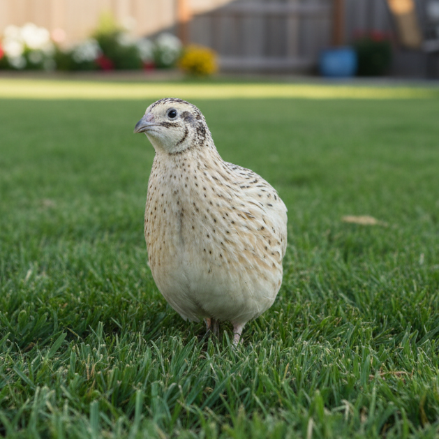 Jumbo Italian Coturnix Quail standing on a grassy lawn with a blurred house and garden in the background
