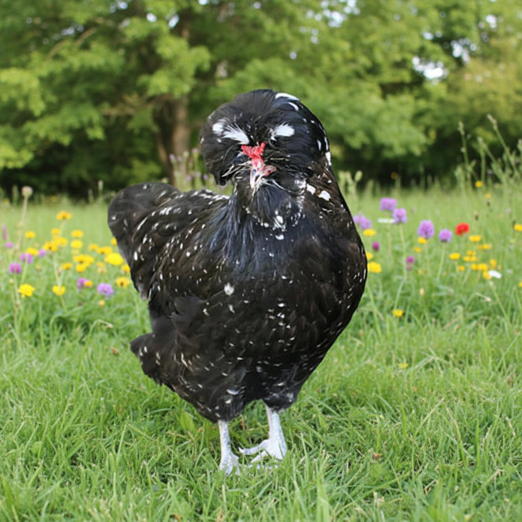 A young mottled Houdan pullet with a V-shaped comb and fluffy crest, standing in grass