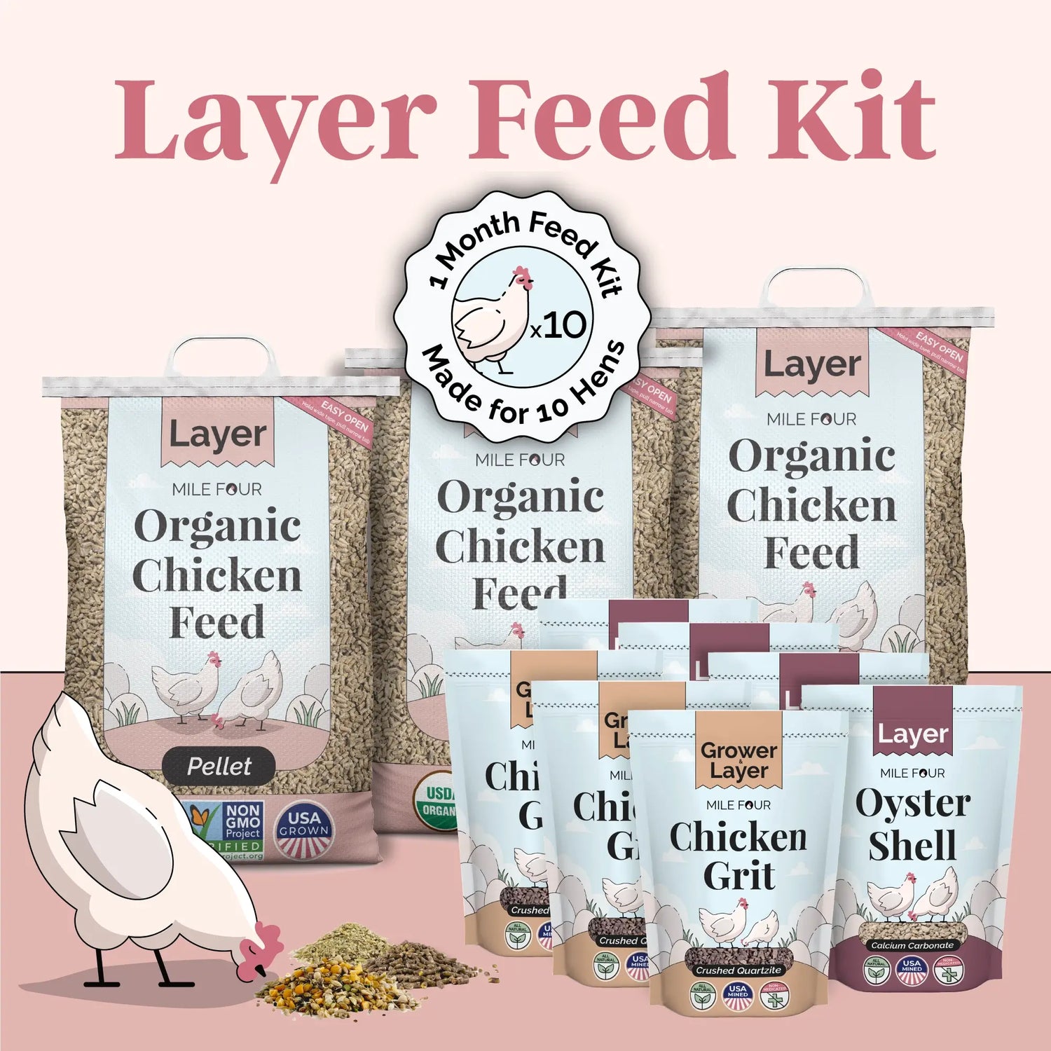 Mile Four Layer Feed Kit | 1 Month of Organic Feed, Grit & Oyster Shell for 10 Layers