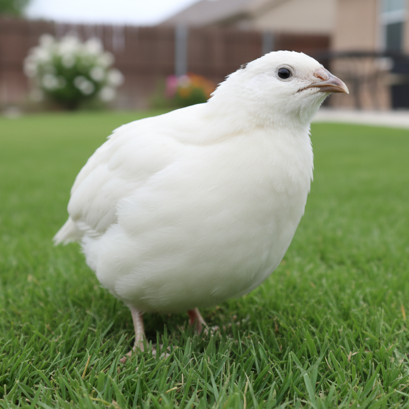 Premium Jumbo White Coturnix Quail standing on grass with a blurred background