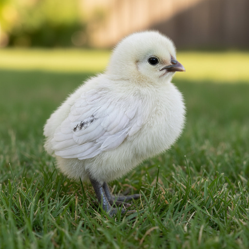 Zombie baby chick stands on green grass.
