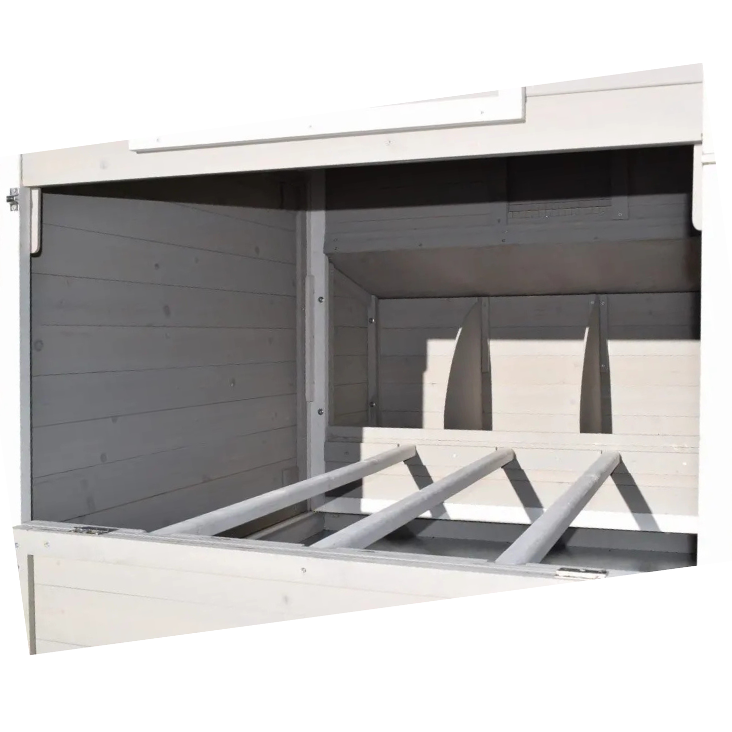 Nesting boxes and roosting bars in the Fontana Chicken Coop.