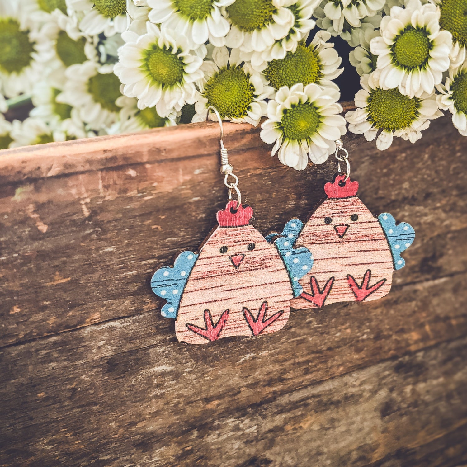 Adorable Wood Chicken Earrings