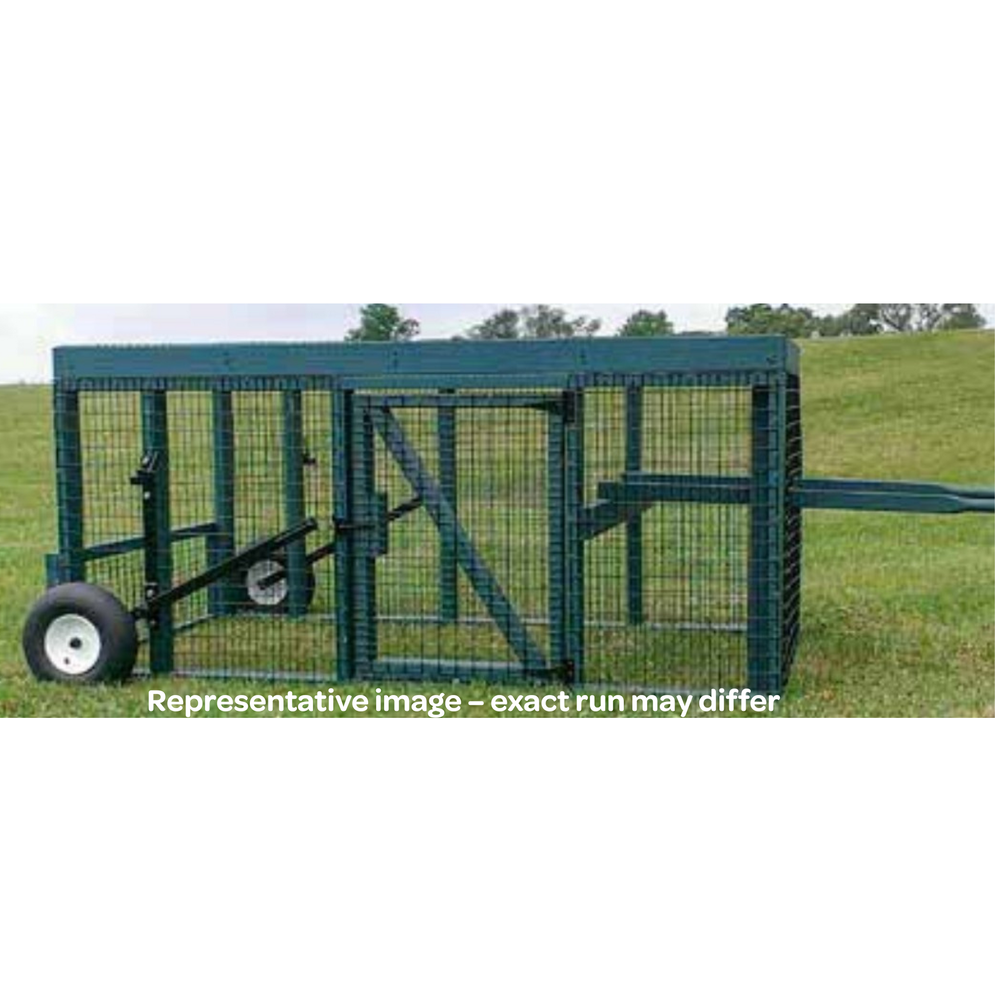Green portable chicken run with wheels on a grassy field