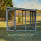Wooden chicken run with roof for a backyard chicken flock.
