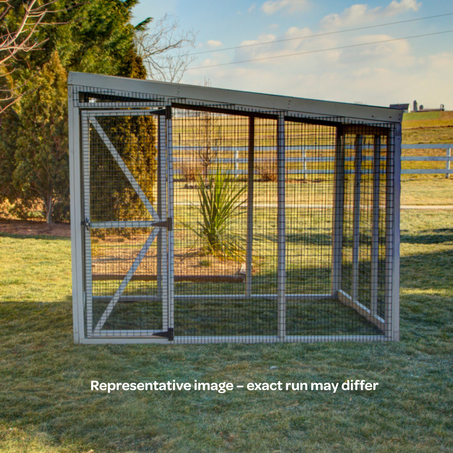 Wooden chicken run with roof for a backyard chicken flock.