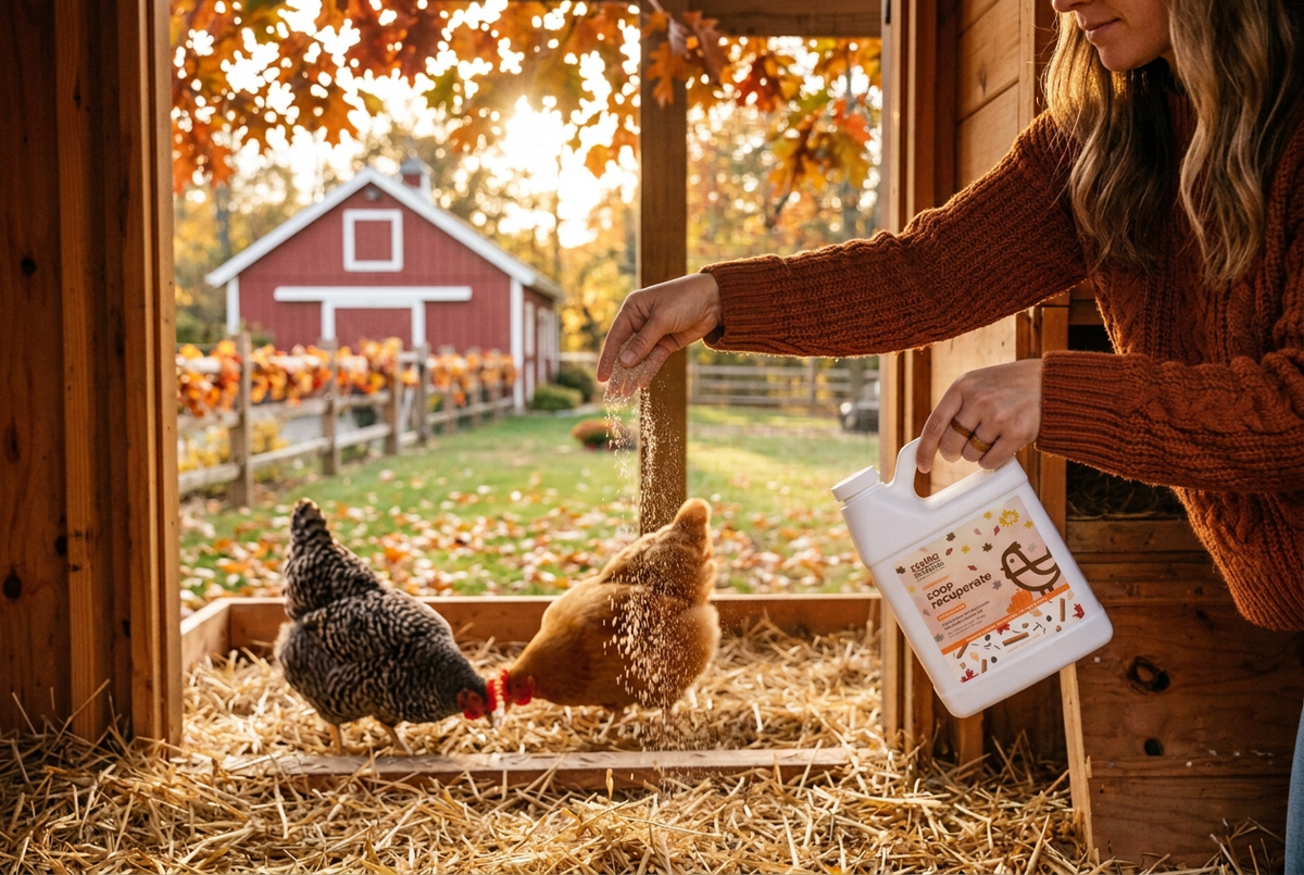 Sprinkling Coop Recuperate Pumpkin Spice over coop bedding while two hens scratch in the straw