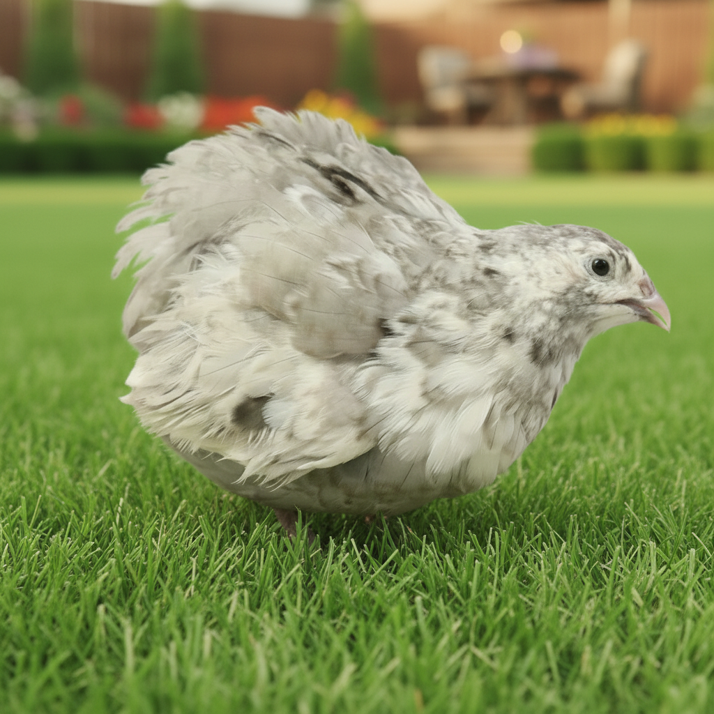 Andalusian Coturnix Quail on grass with a blurred background