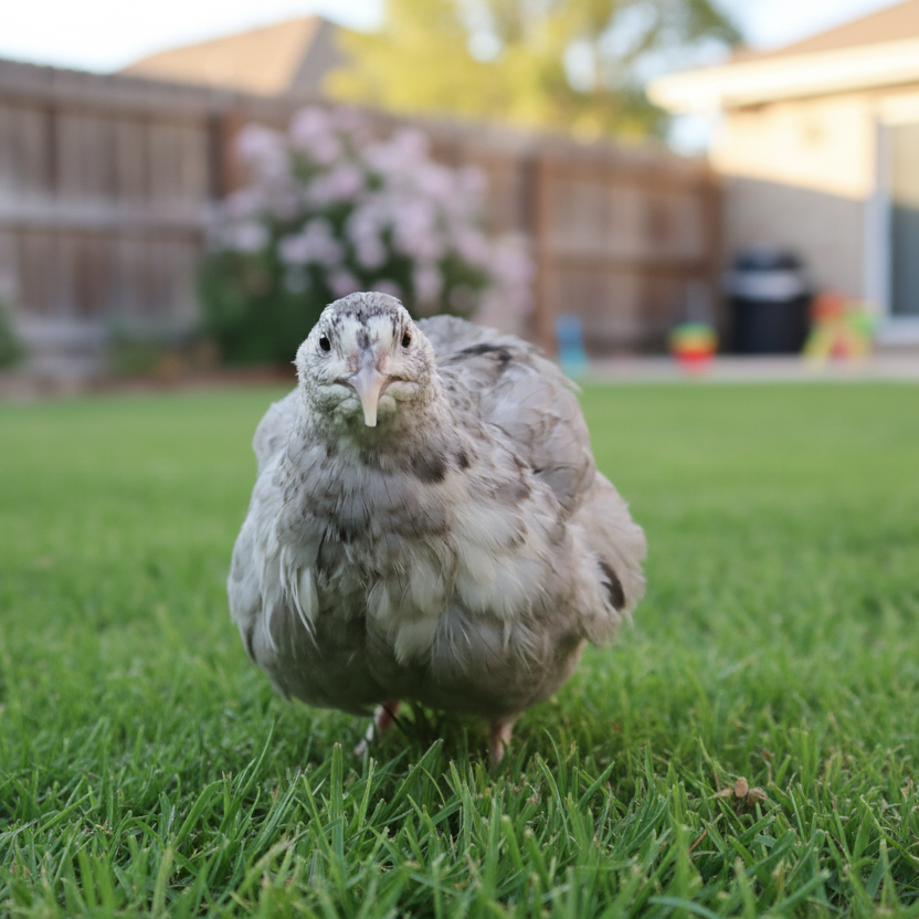 Andalusian Coturnix Quail standing on grass with a blurred background