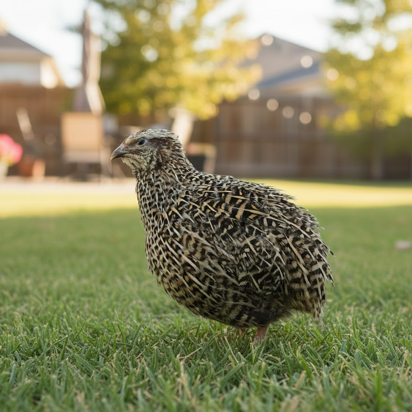 Autumn Sparkly Coturnix Quail on grass with blurred background