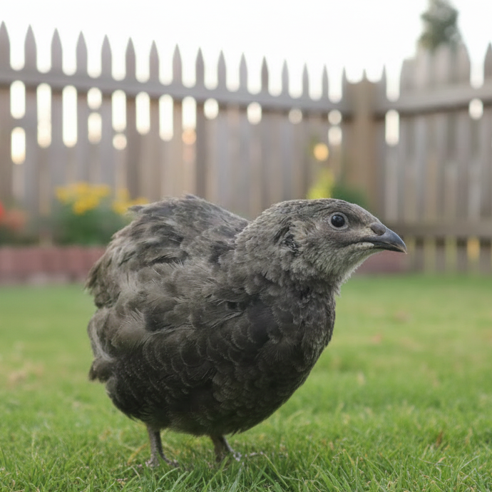 Black Coturnix Quail standing on grass with a wooden fence and flowers in the background