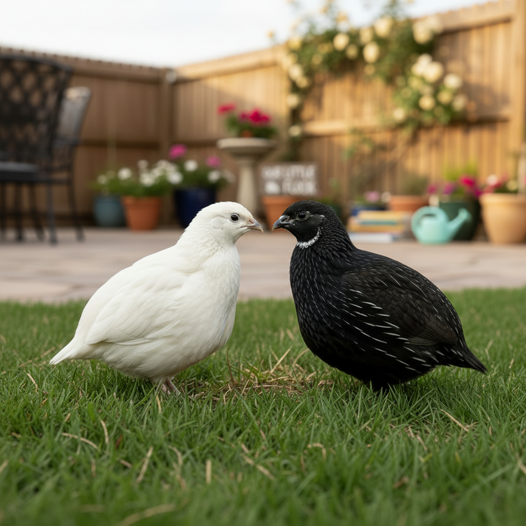 Black and White Edition Coturnix Quail, standing on grass with a garden in the background.