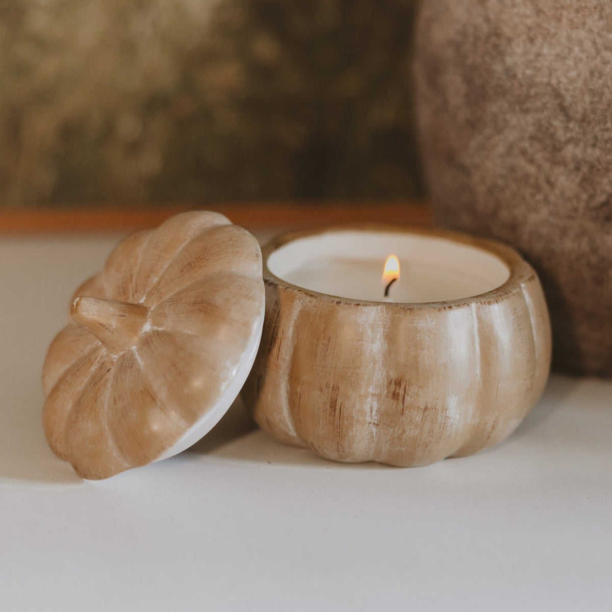 Pumpkin Spice soy candle in faux-wood ceramic pumpkin jar