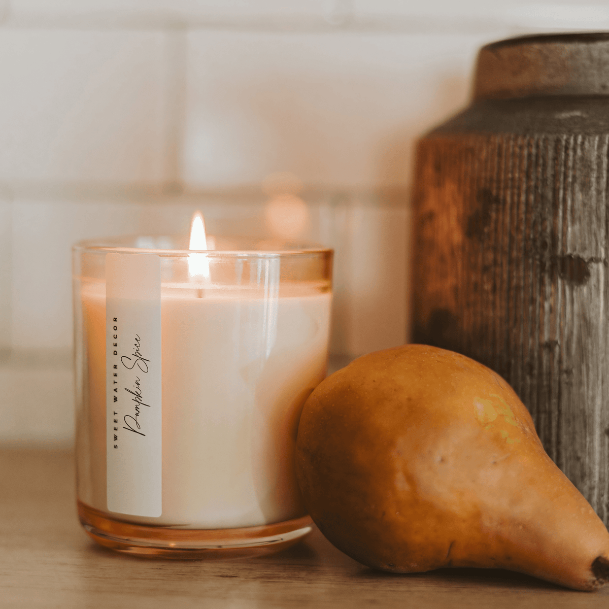 Pumpkin Spice soy candle in 12 oz tinted glass jar with wood lid