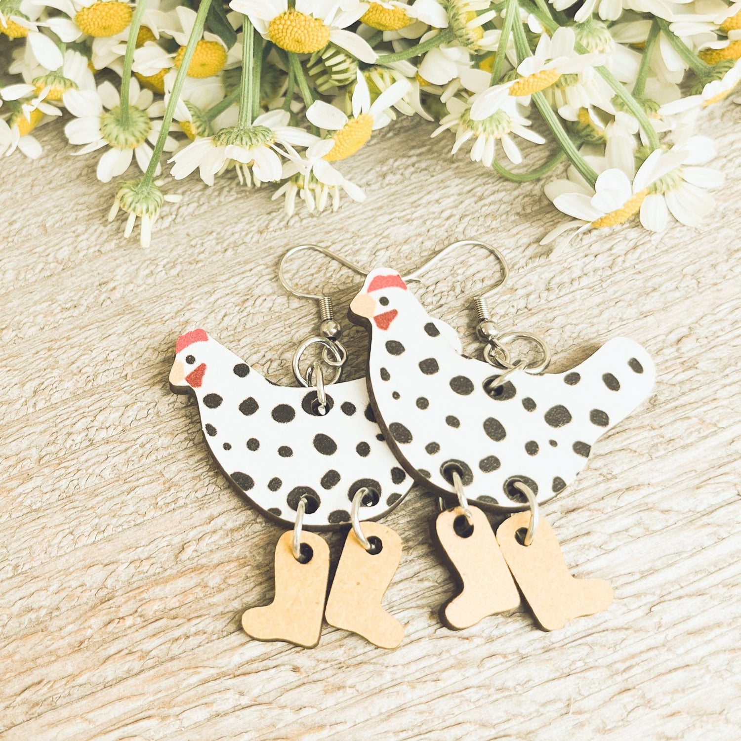 Wood Chicken Earrings