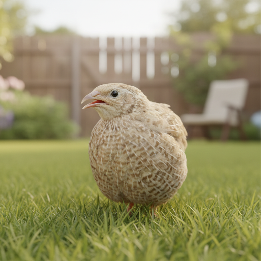Egyptian Gold Coturnix Quail standing on grass with a garden background
