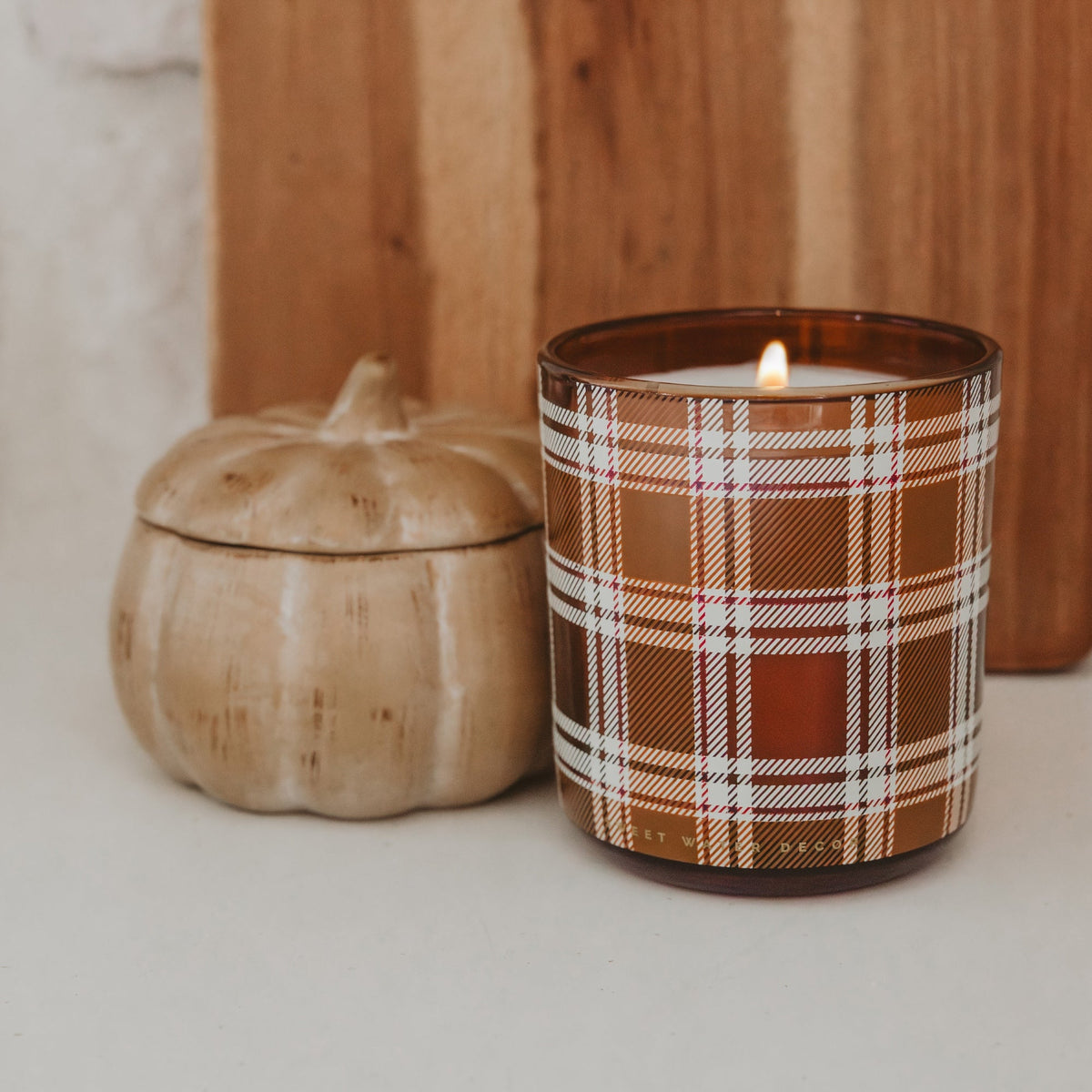 Pumpkin Spice soy candle in faux-wood ceramic pumpkin jar