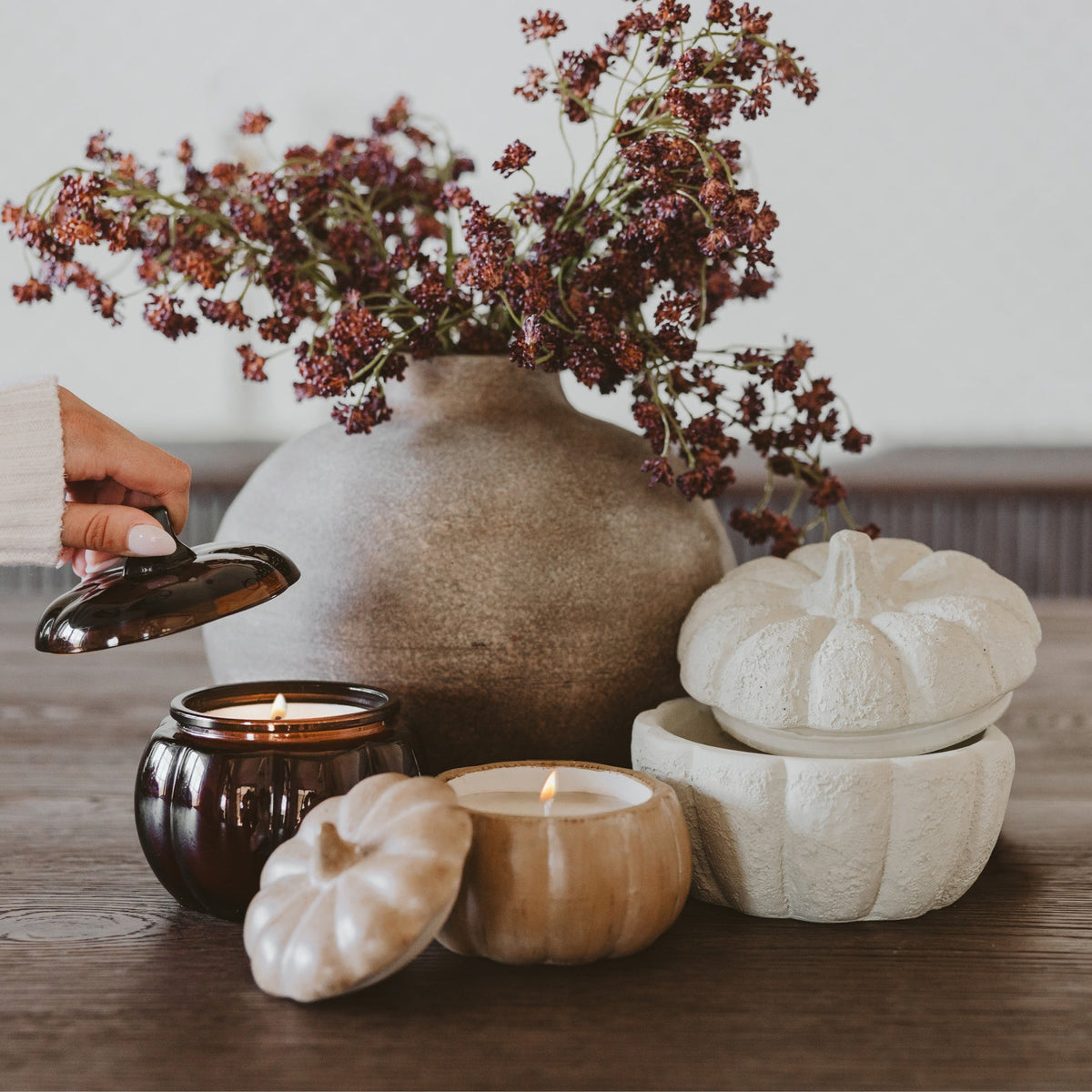 Pumpkin Spice soy candle in faux-wood ceramic pumpkin jar