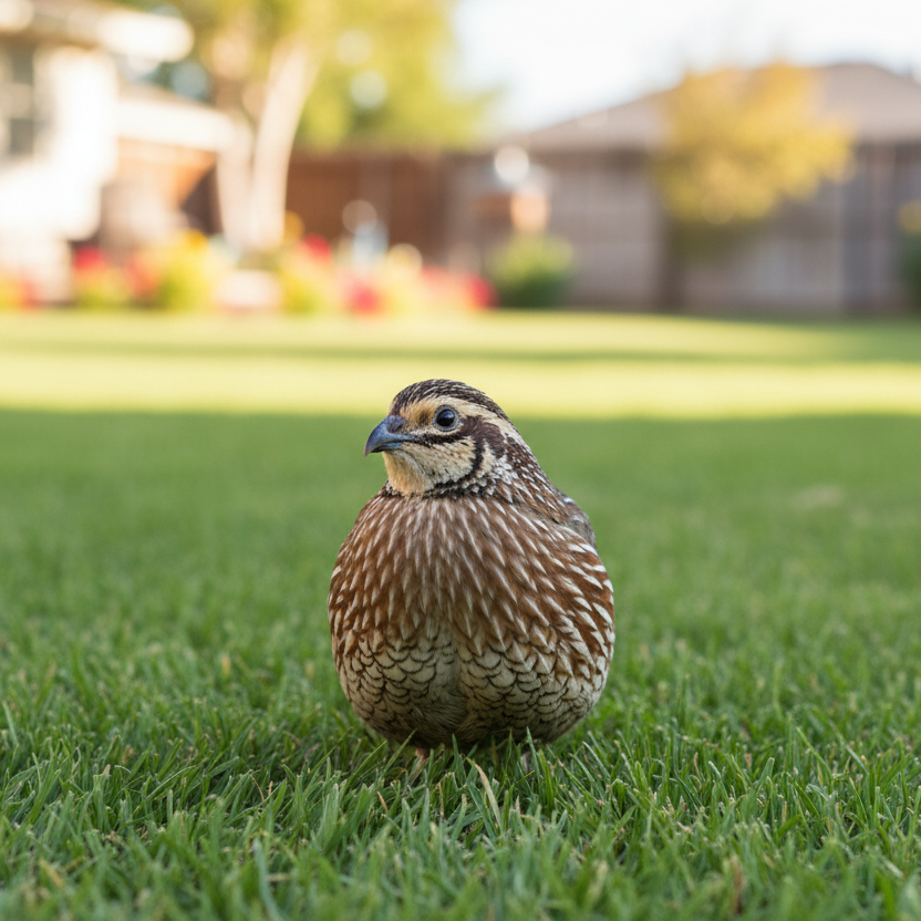 Georgia Giant Bobwhite Quail on a grassy lawn with a blurred background