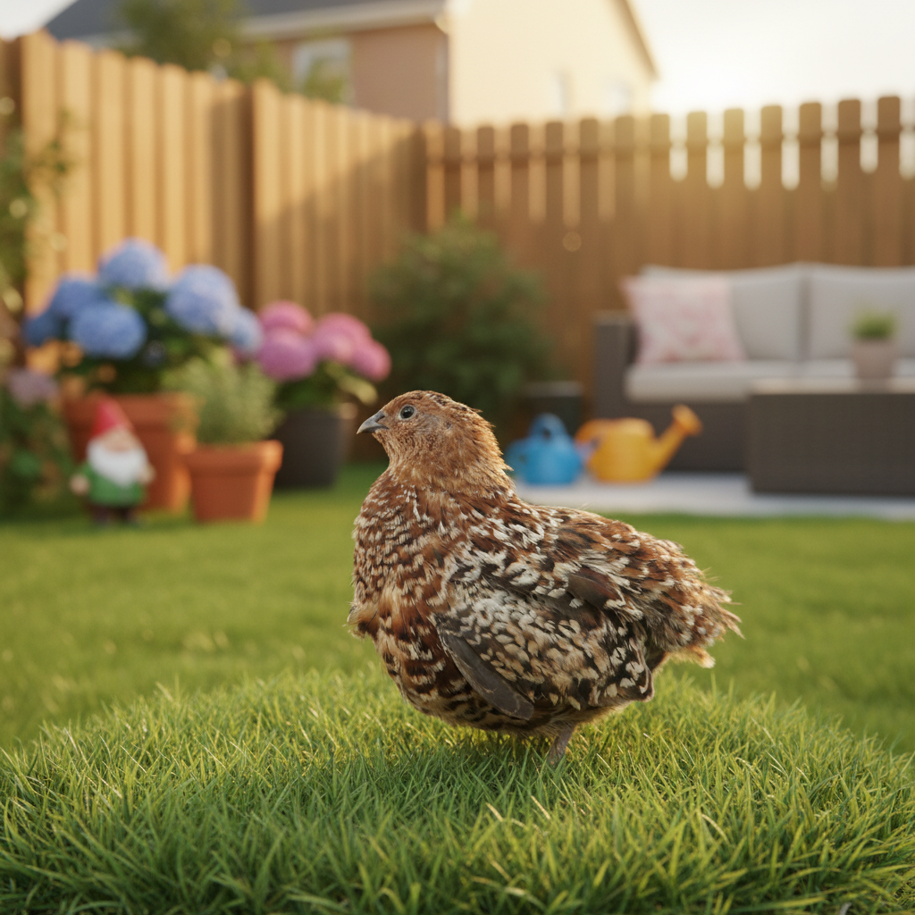 German Chocolate Pansy Coturnix Quail on grass with garden and furniture in the background