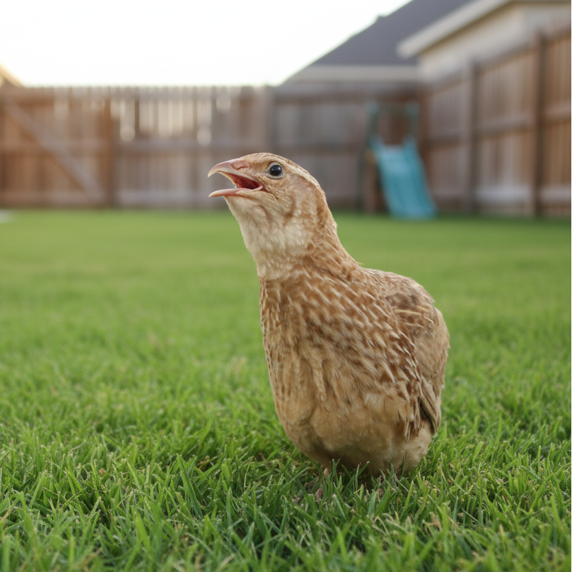 Ginger Coturnix Quail standing on grass with a blurred background of a backyard.