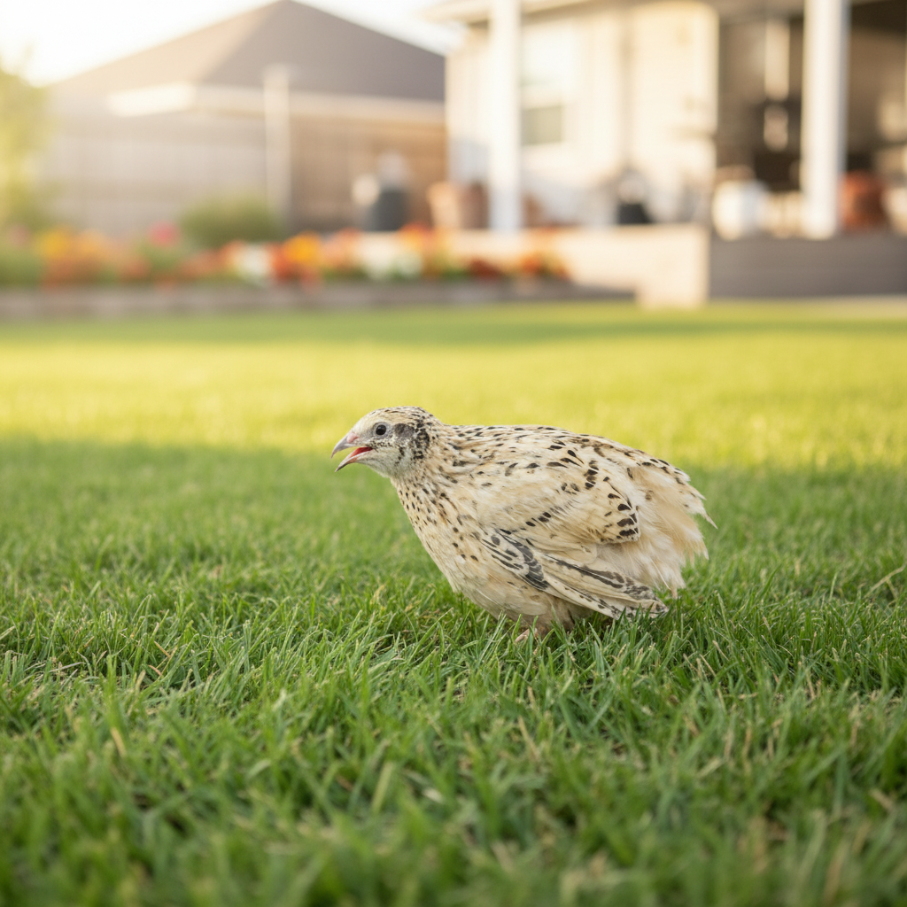 Jumbo Italian Coturnix Quail on a grassy lawn with a blurred garden background