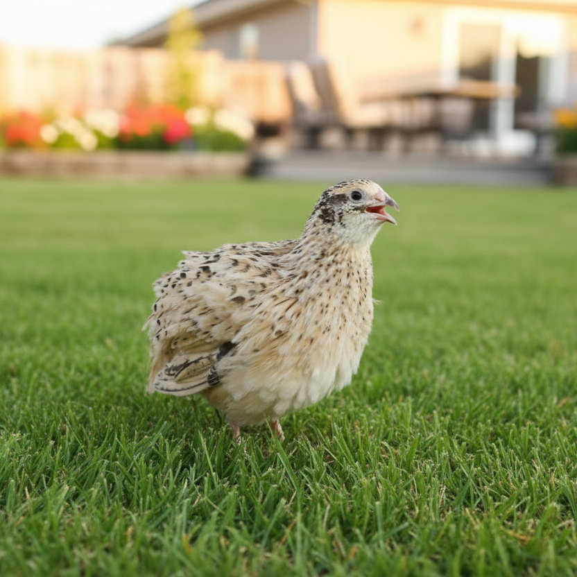 Jumbo Italian Coturnix Quail standing on a grassy area with a blurred background