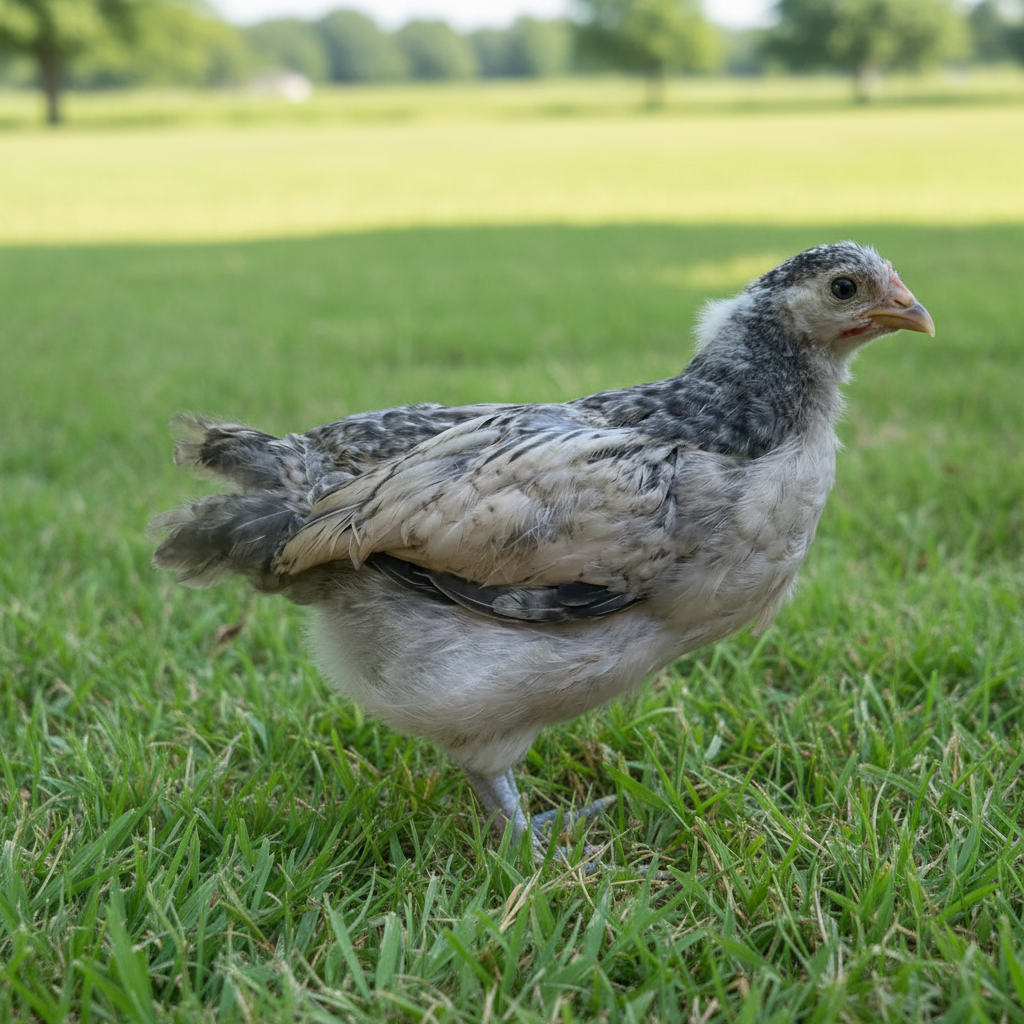 A Basque chicken stands on green grass. 