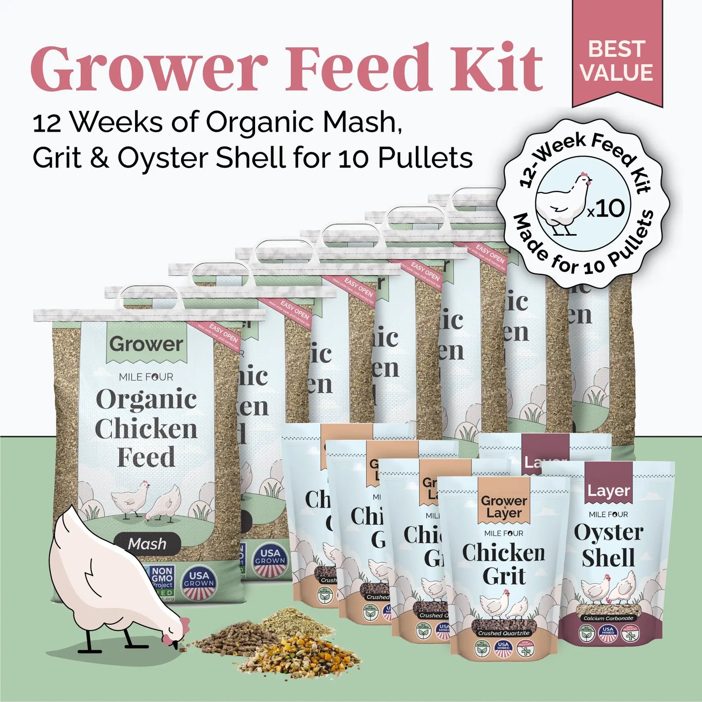 Mile Four Grower Feed Kit | 12 Weeks of Organic Feed & Grit for 10 Pullets
