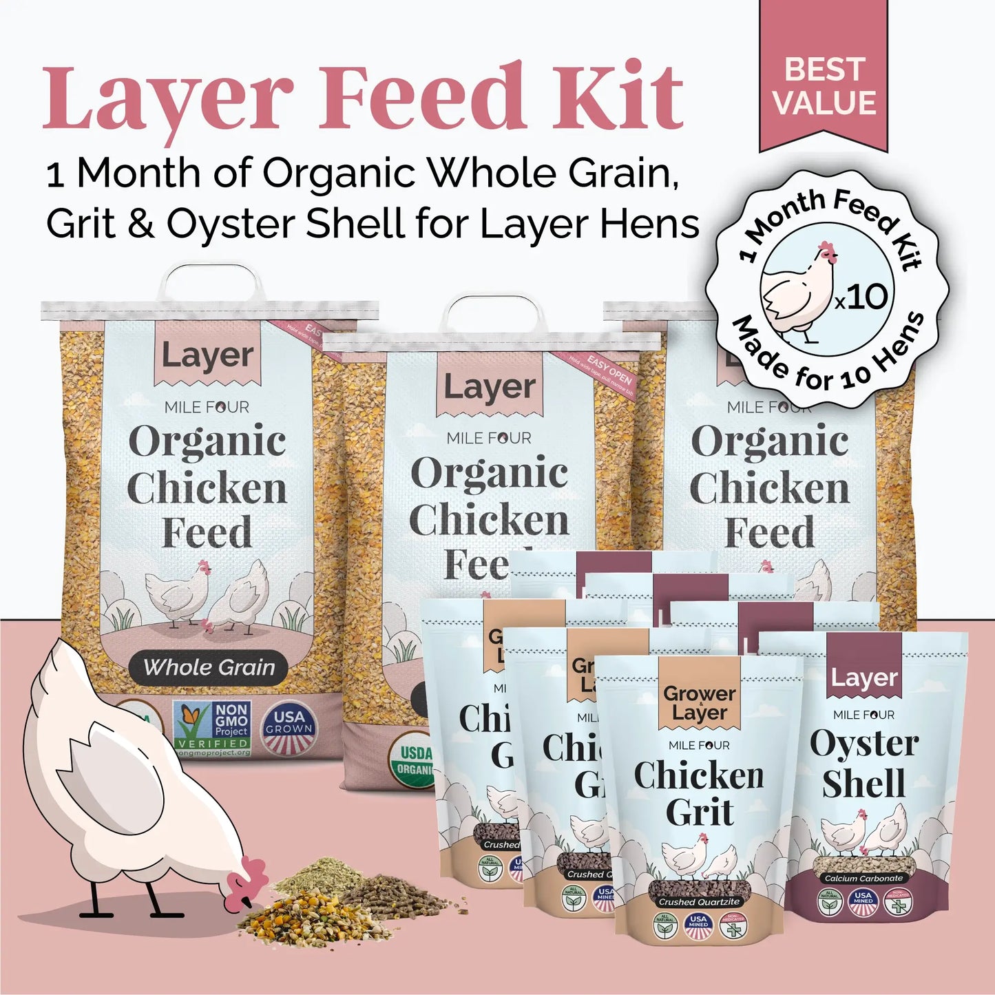 Mile Four Layer Feed Kit | 1 Month of Organic Feed, Grit & Oyster Shell for 10 Layers