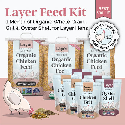 Mile Four Layer Feed Kit | 1 Month of Organic Feed, Grit & Oyster Shell for 10 Layers