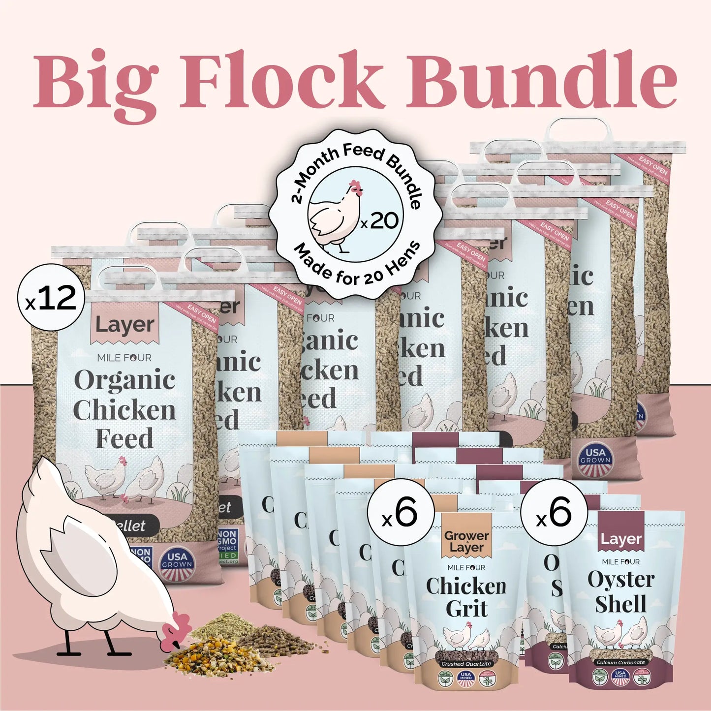 Mile Four Big Flock Bundle | 2 Months of Organic Feed, Grit & Oyster Shell for 20 Layer Hens