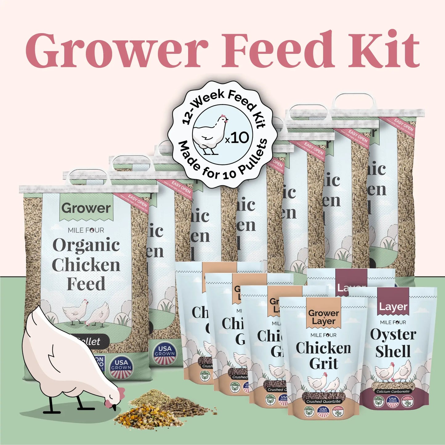 Mile Four Grower Feed Kit | 12 Weeks of Organic Feed & Grit for 10 Pullets