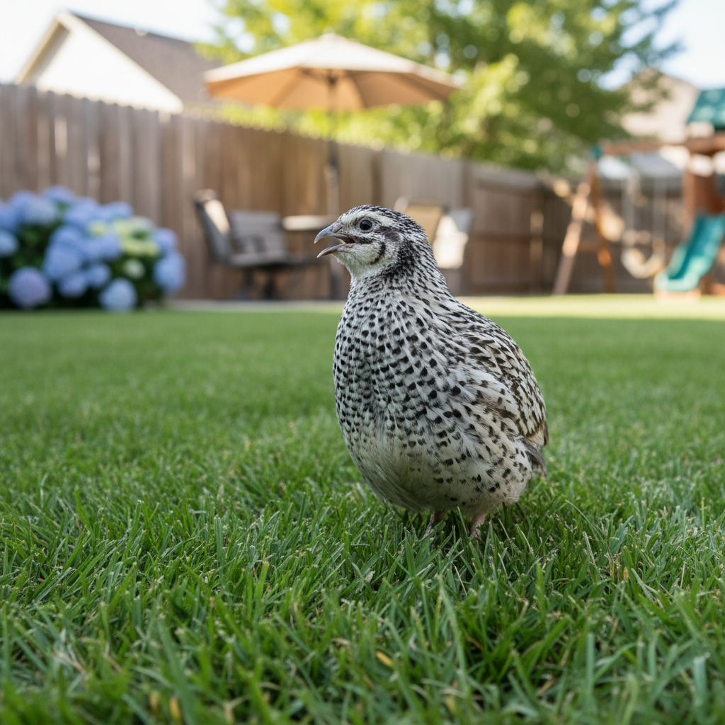 Pearl-Pansy Coturnix Quail on grass with backyard setting