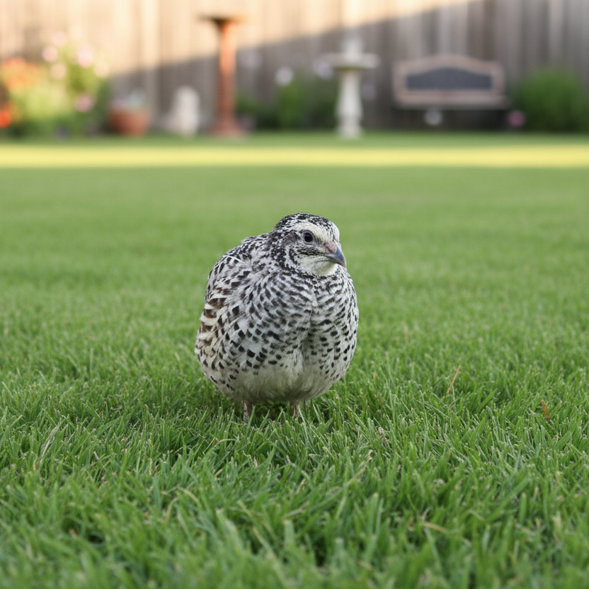 Pearl-Pansy Coturnix Quail on grass with a garden in the background