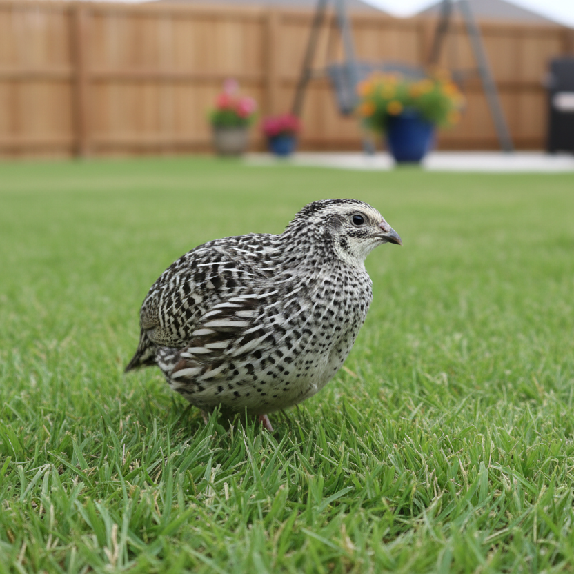 Pearl-Pansy Coturnix Quail walking on grass with a blurred background of a wooden fence and garden.