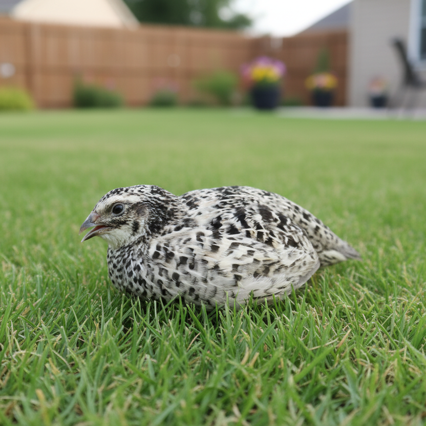 Pearl-Pansy Coturnix Quail on a grassy lawn with a blurred background