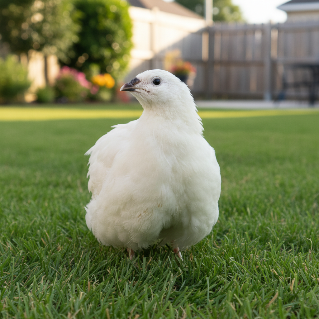 Premium Jumbo White Coturnix Quail standing on green grass with a blurred background
