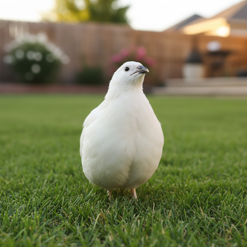  Premium Jumbo White Coturnix Quail standing  on grass with a blurred background