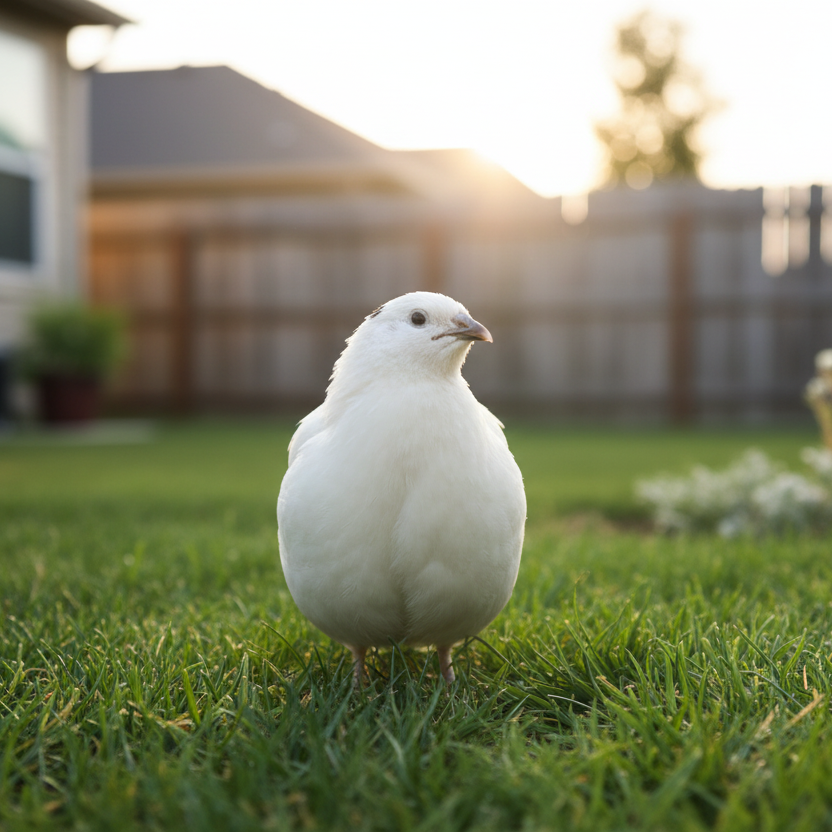 White Coturnix Quial standing on grass with a blurred house and garden in the background