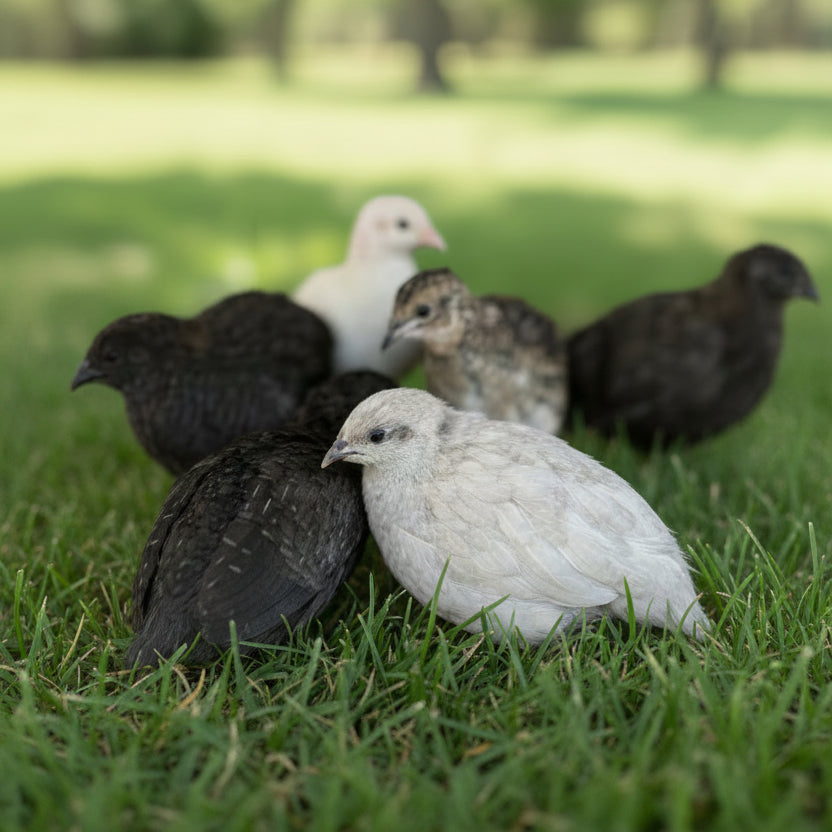 Group of Button Quails on a grassy field