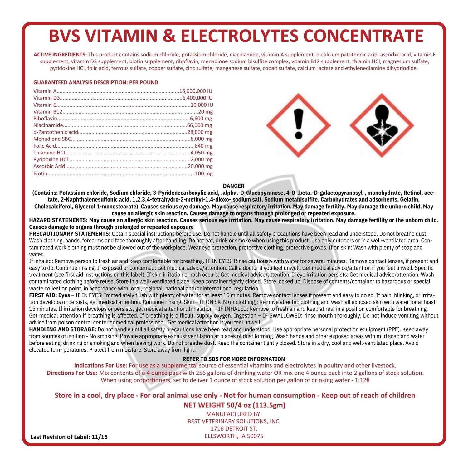 BVS Vitamin and Electrolyte Concentrate is a concentrated blend of vitamins and electrolytes designed for addition to the drinking water of poultry and livestock.