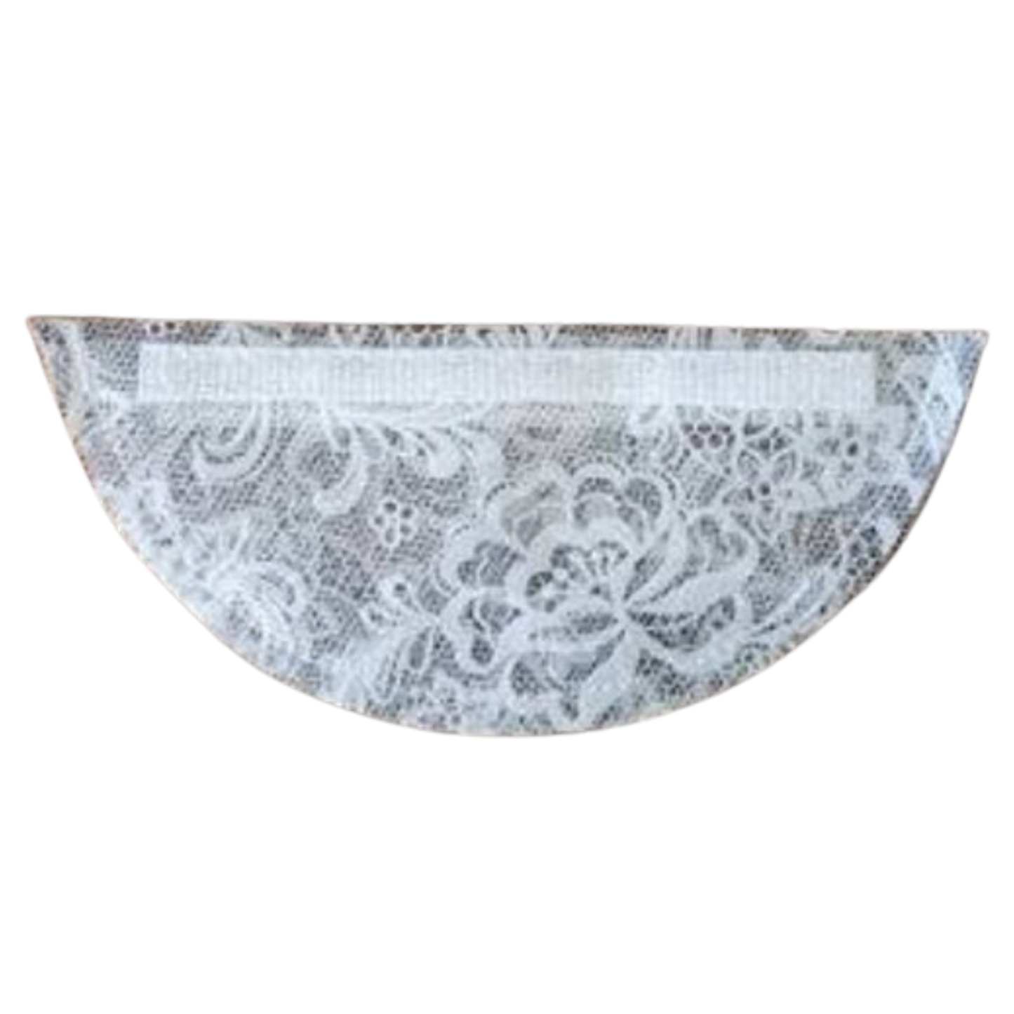 A removable chicken diaper that is made out of clear vinyl with a white lace pattern.