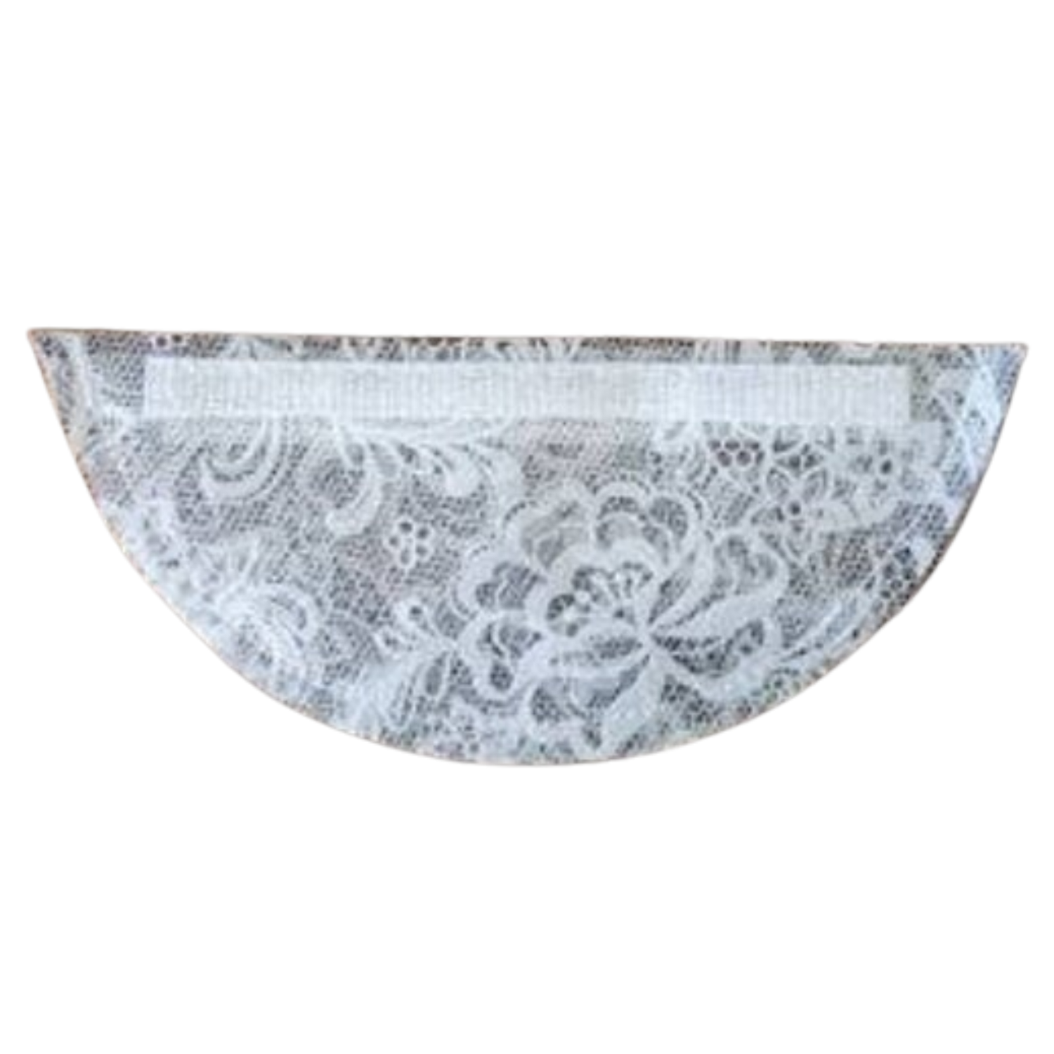 A removable chicken diaper that is made out of clear vinyl with a white lace pattern.