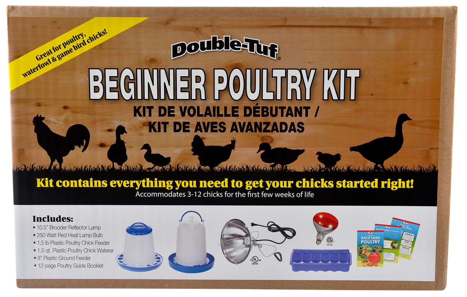 Double-Tuf Beginner Poultry Kit in a wooden box with black and yellow text, showing chicken silhouettes and small illustrations of included items such as a brooder lamp, waterer, feeder, and chicks.