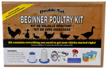 Double-Tuf Beginner Poultry Kit in a wooden box with black and yellow text, showing chicken silhouettes and small illustrations of included items such as a brooder lamp, waterer, feeder, and chicks.
