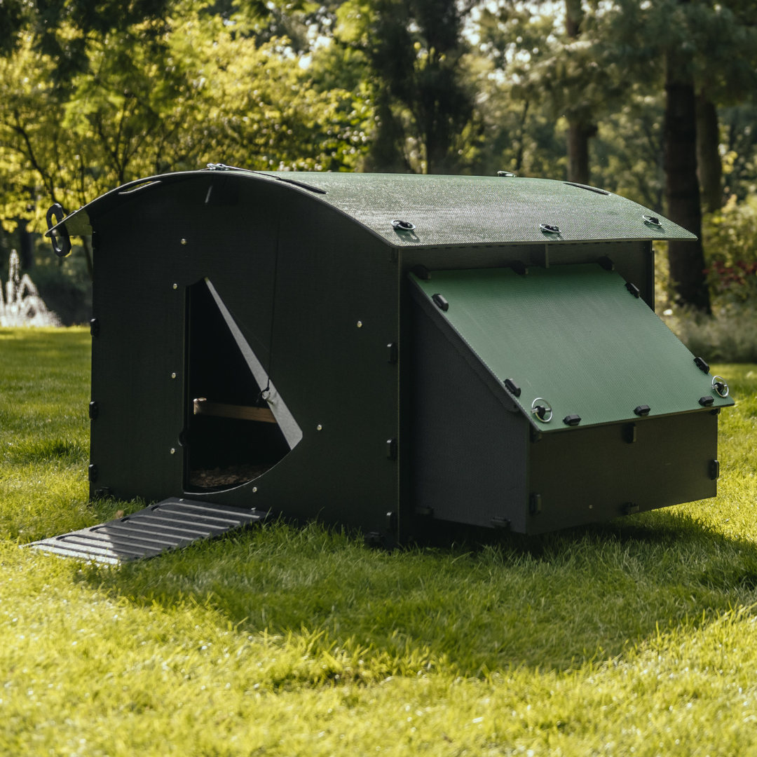 This large-size Nestera Ground Chicken Coop is made from the equivalent of 2,000 recycled plastic shampoo bottles.